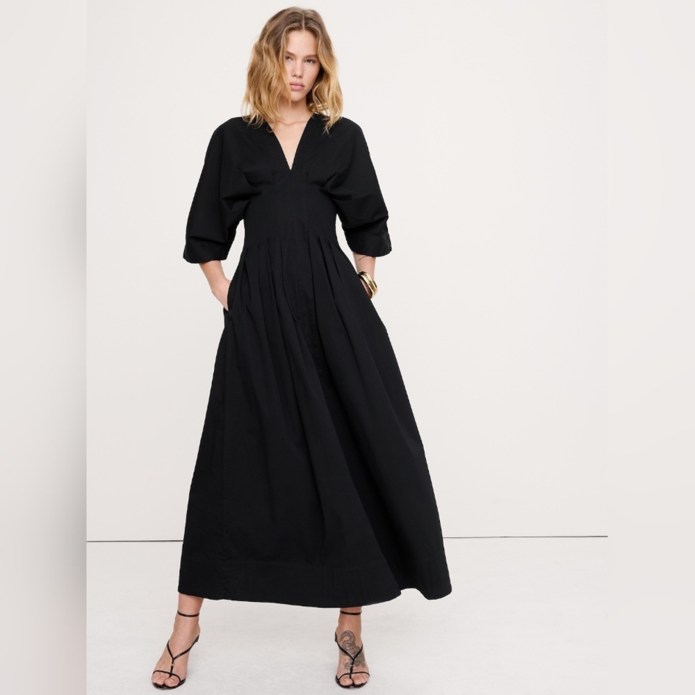 Banana Republic Stretch-Cotton Pleated Maxi Dress Black NWT - Picture 4 of 6